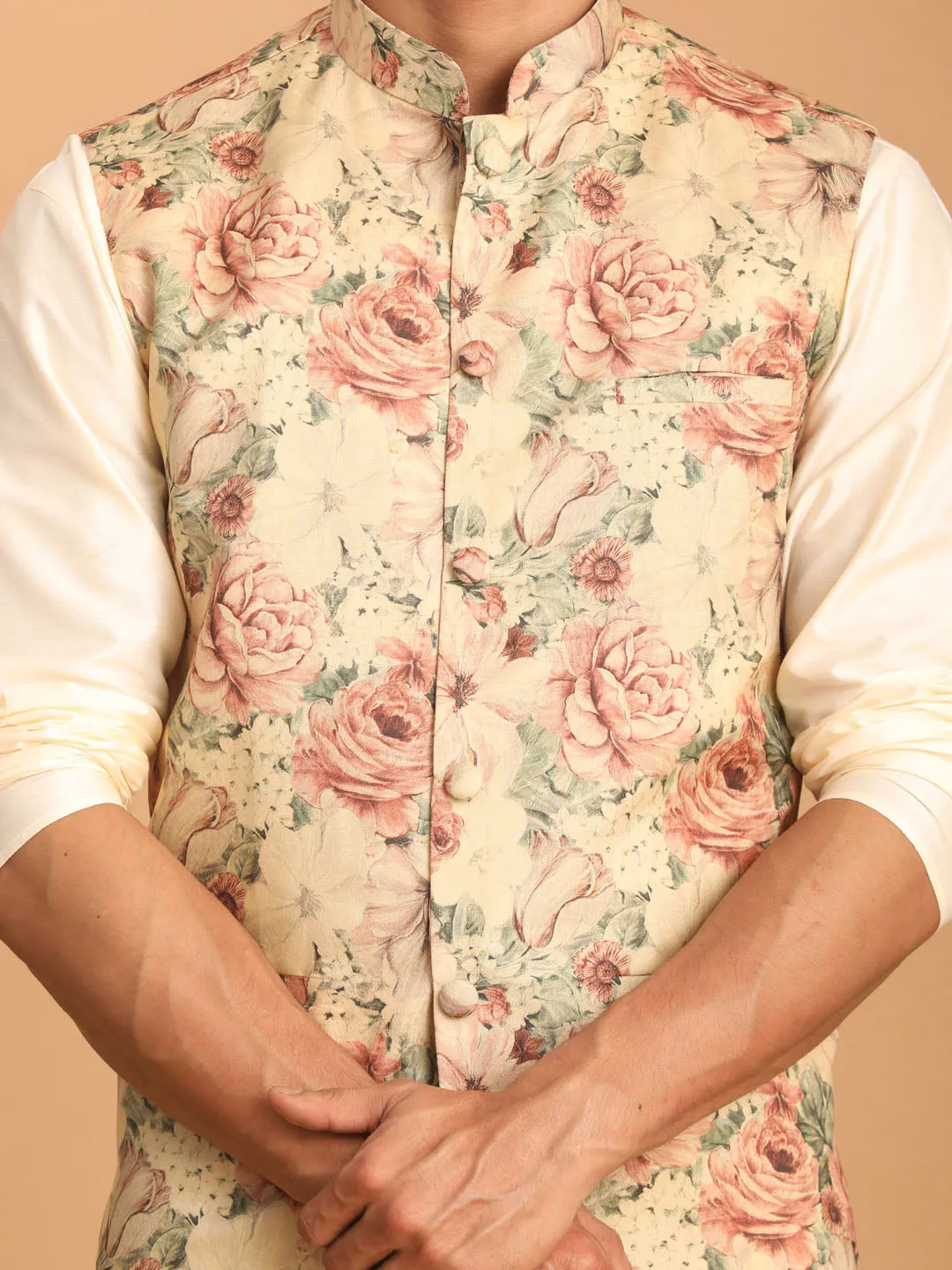 Jashvi Beige Printed Nehru Jacket And Cream Solid Kurta With Pant Set