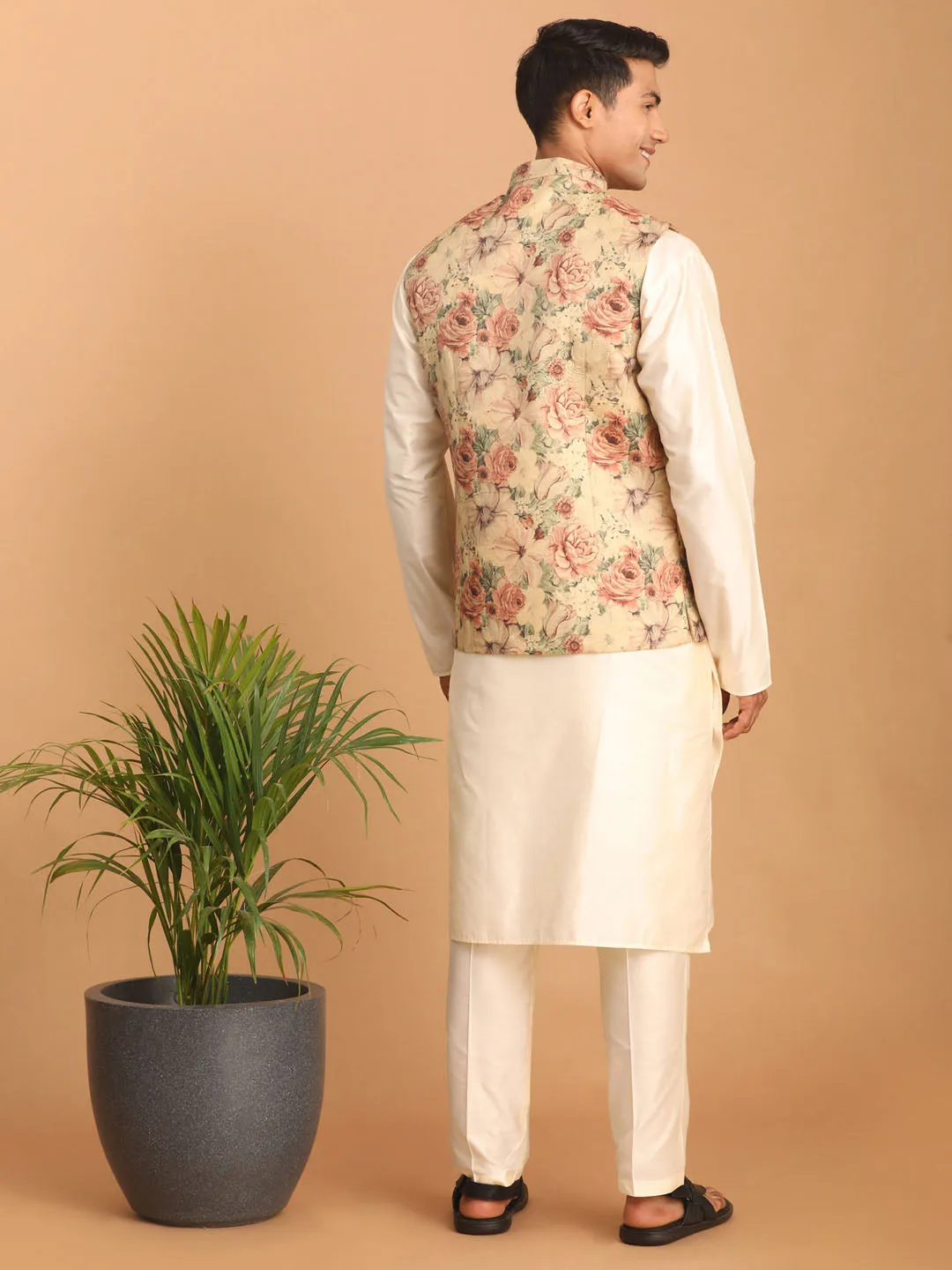 Jashvi Beige Printed Nehru Jacket And Cream Solid Kurta With Pant Set