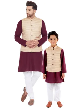 Jashvi Beige, Purple And White Baap Beta Nehru Jacket Kurta Pyjama set