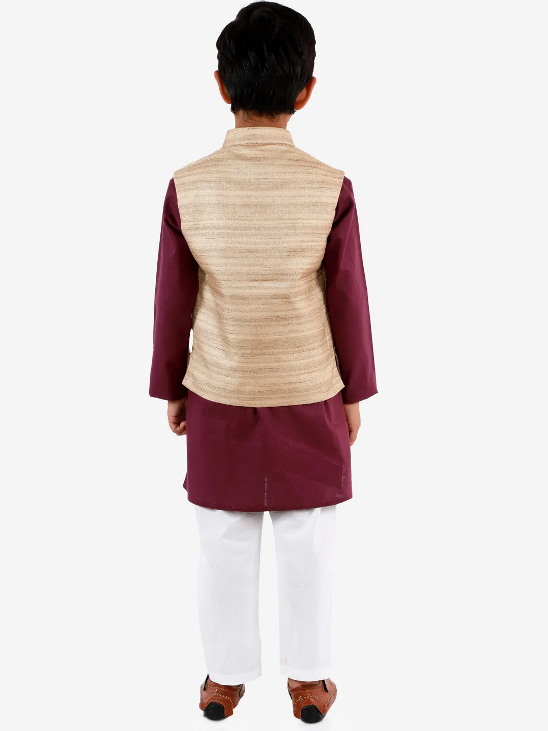 Jashvi Beige, Purple And White Baap Beta Nehru Jacket Kurta Pyjama set