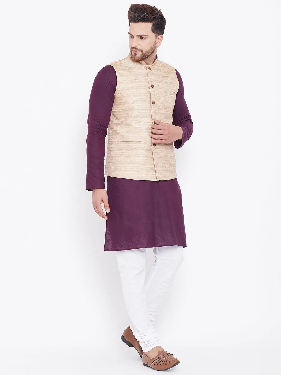 Jashvi Beige, Purple And White Baap Beta Nehru Jacket Kurta Pyjama set