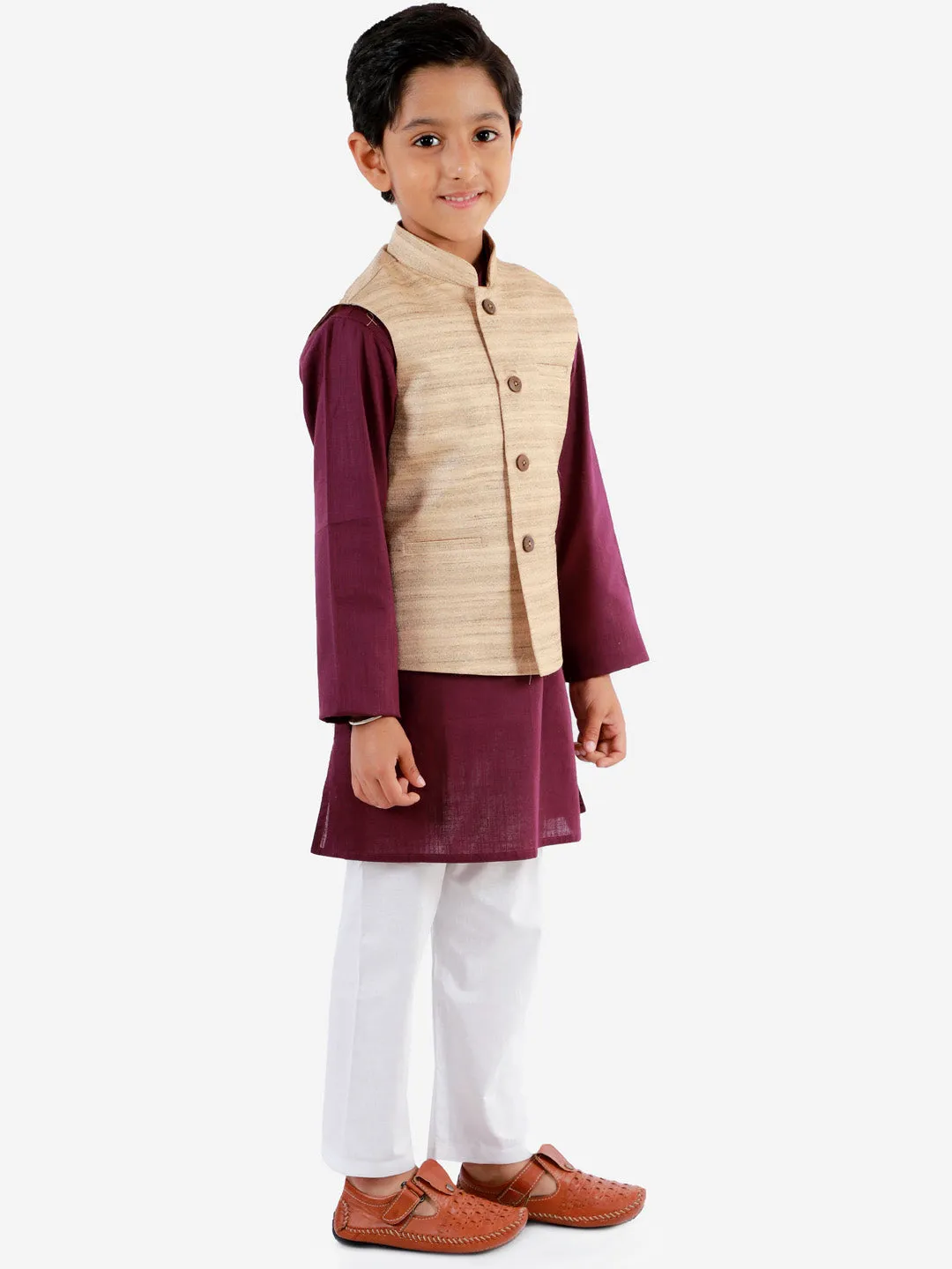 Jashvi Beige, Purple And White Baap Beta Nehru Jacket Kurta Pyjama set