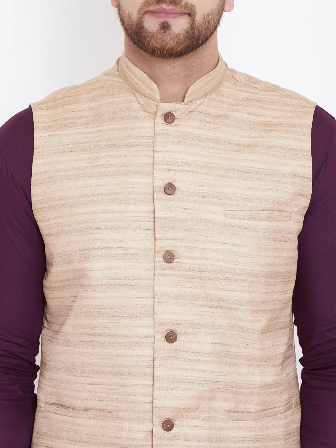 Jashvi Beige, Purple And White Baap Beta Nehru Jacket Kurta Pyjama set