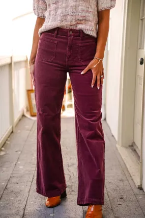 JBD Corduroy Mini Pocket Full Length Wide Leg Pants- Burgundy