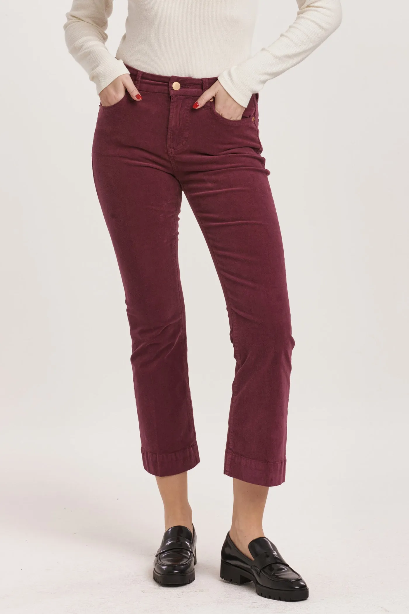 JEANNE MID RISE CROPPED FLARE PANTS PLUM BERRY CORDUROY