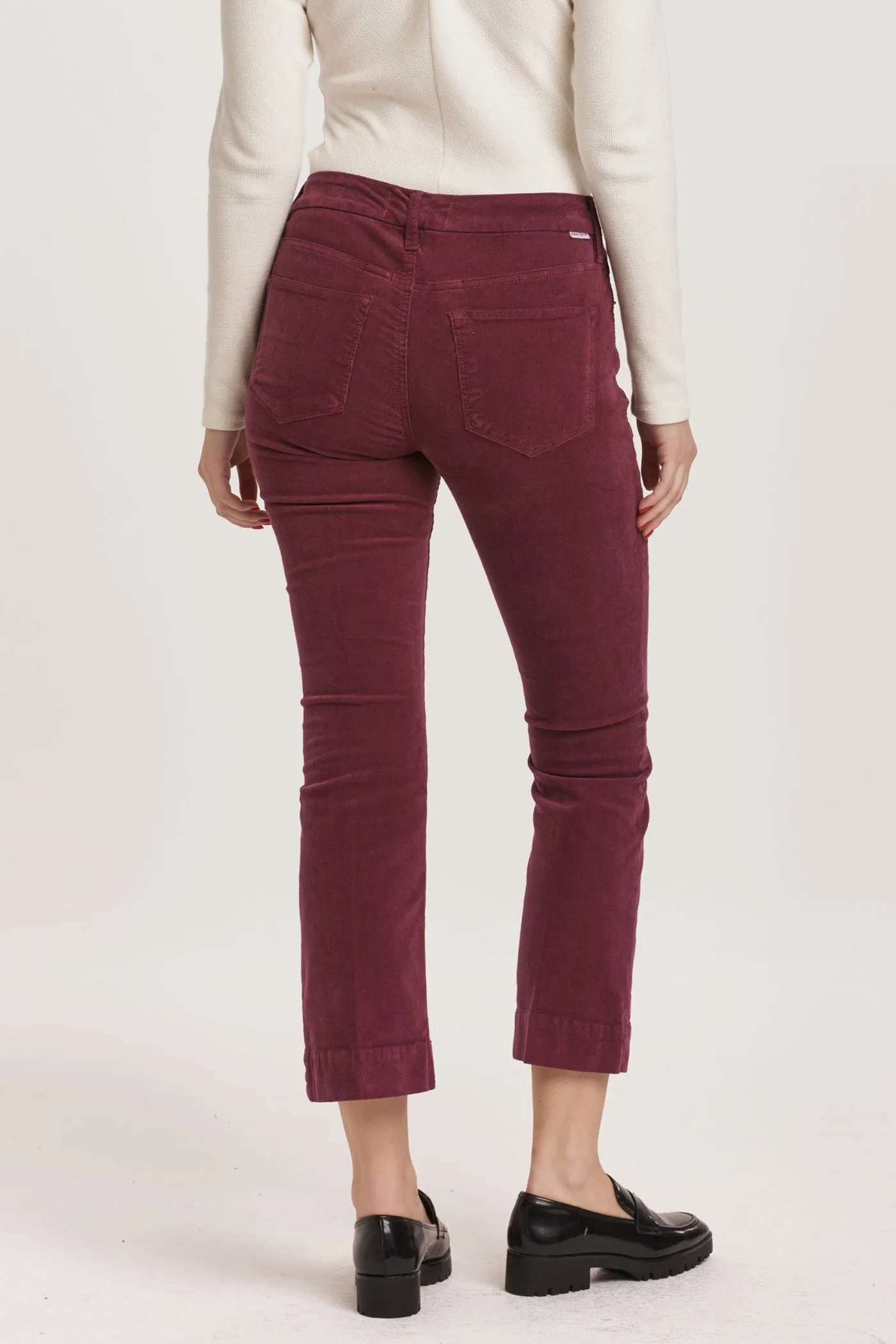 JEANNE MID RISE CROPPED FLARE PANTS PLUM BERRY CORDUROY