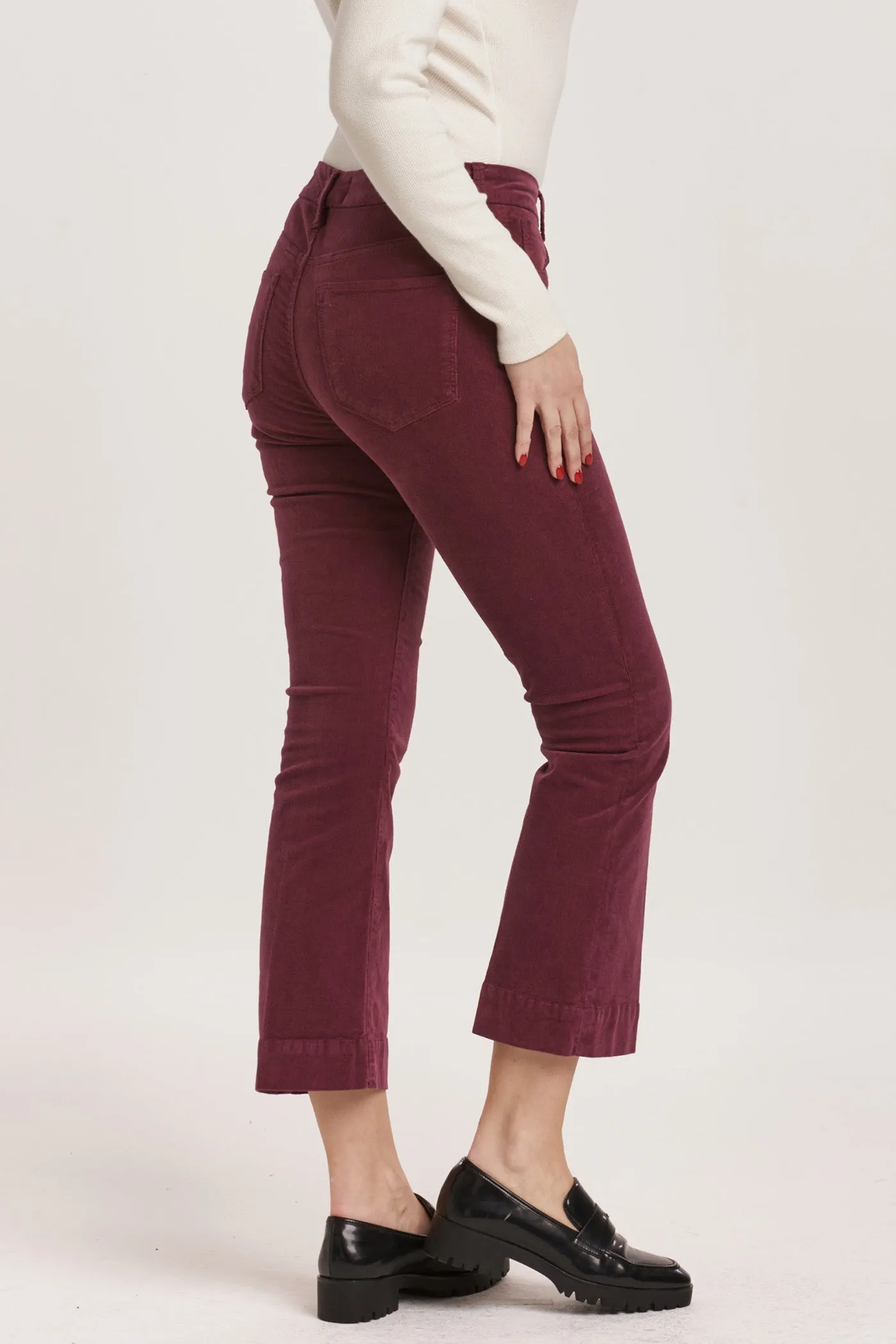 JEANNE MID RISE CROPPED FLARE PANTS PLUM BERRY CORDUROY