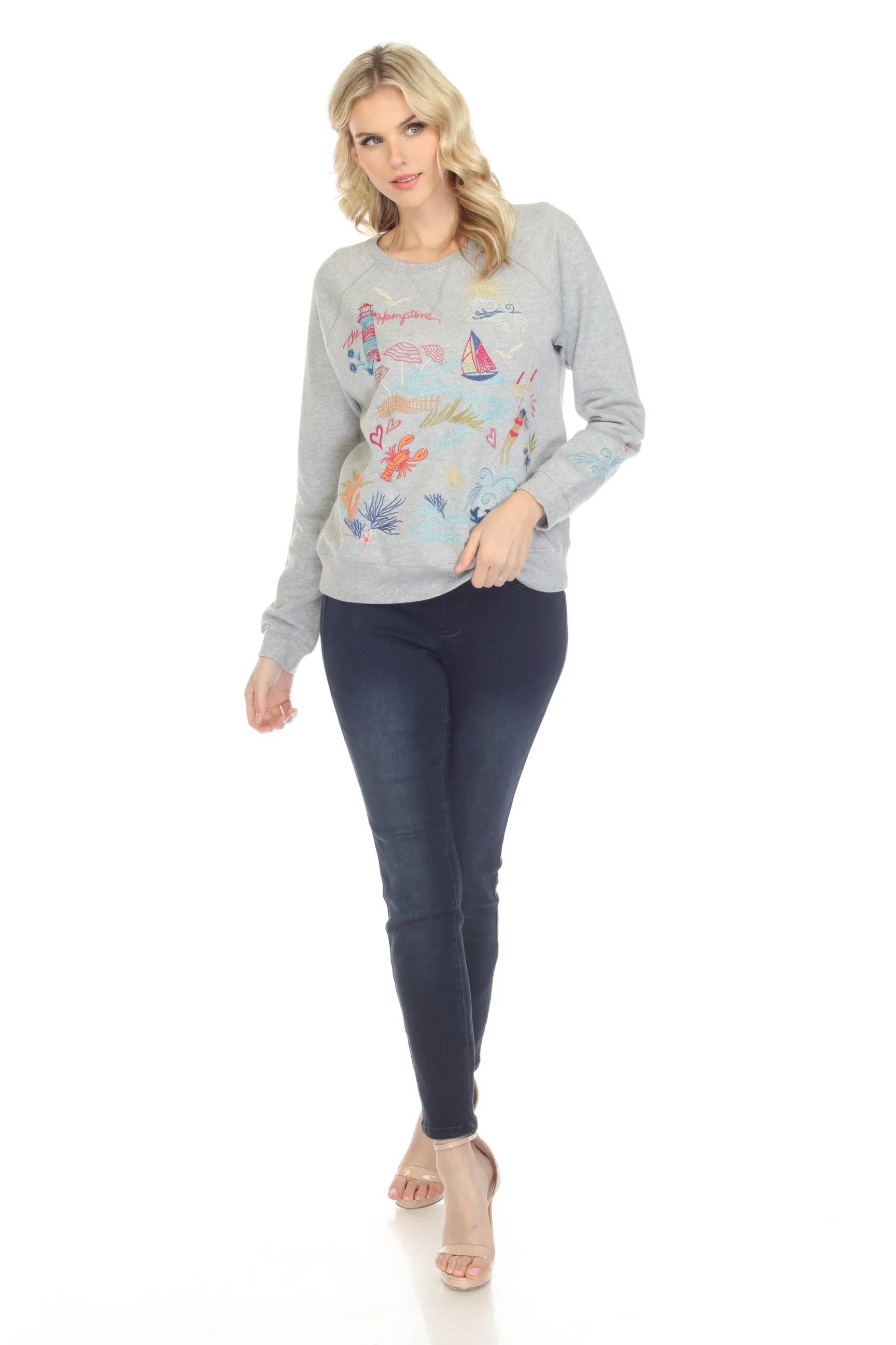 Johnny Was Hamptons Embroidered Raglan Sweatshirt Boho Chic R45222-E