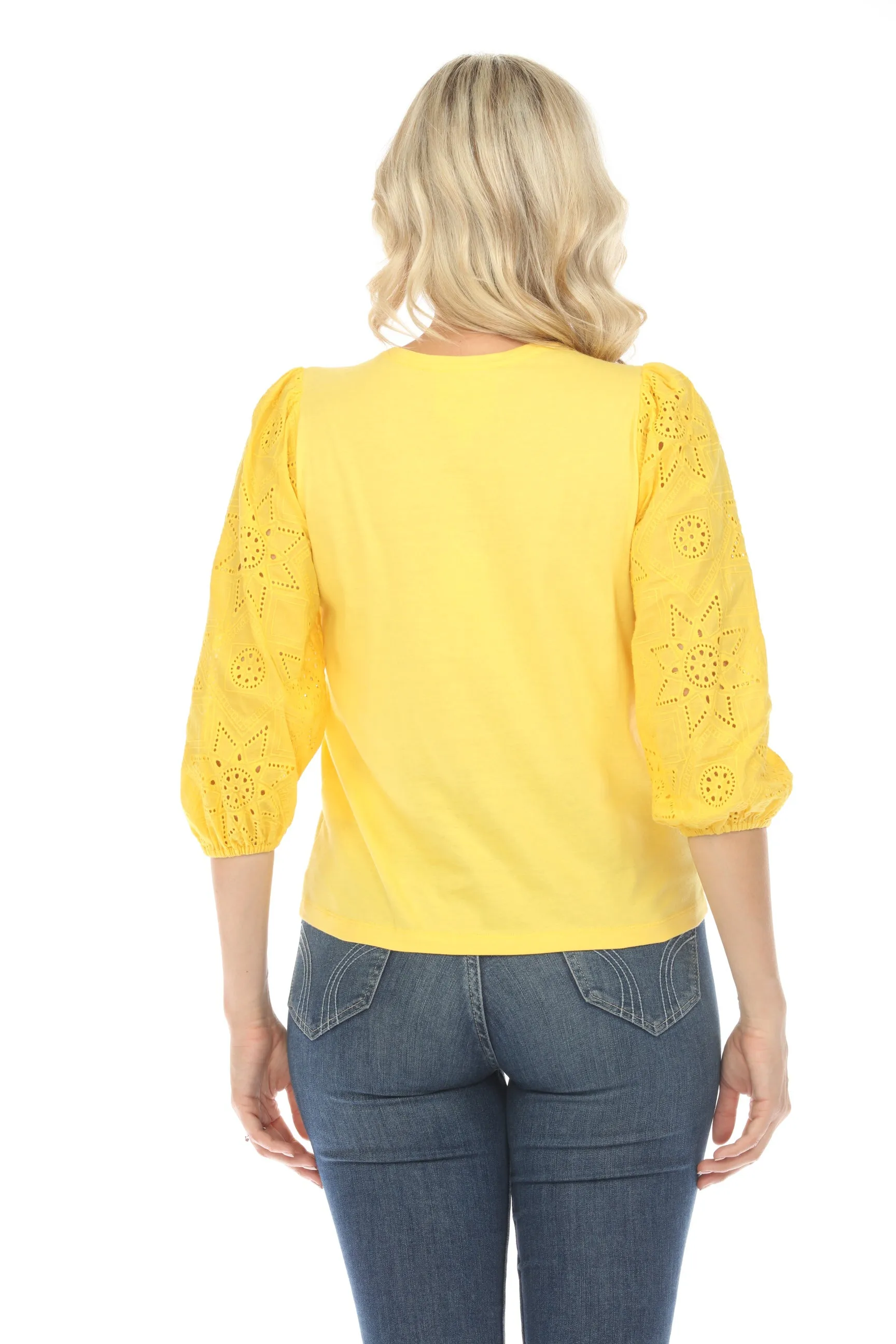 Johnny Was Jade Yellow Nora Puff Sleeve Easy Tee Boho Chic L16624