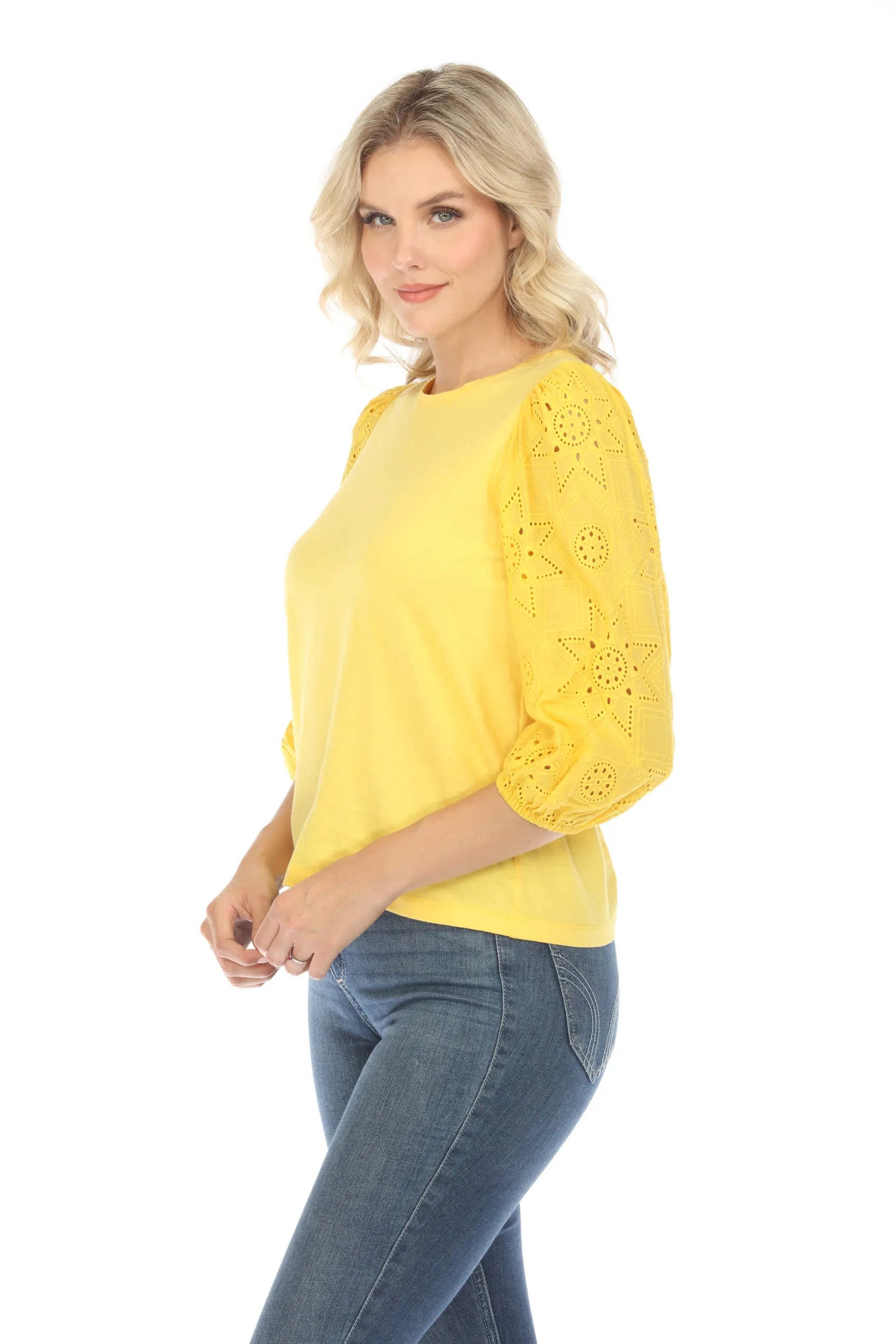 Johnny Was Jade Yellow Nora Puff Sleeve Easy Tee Boho Chic L16624