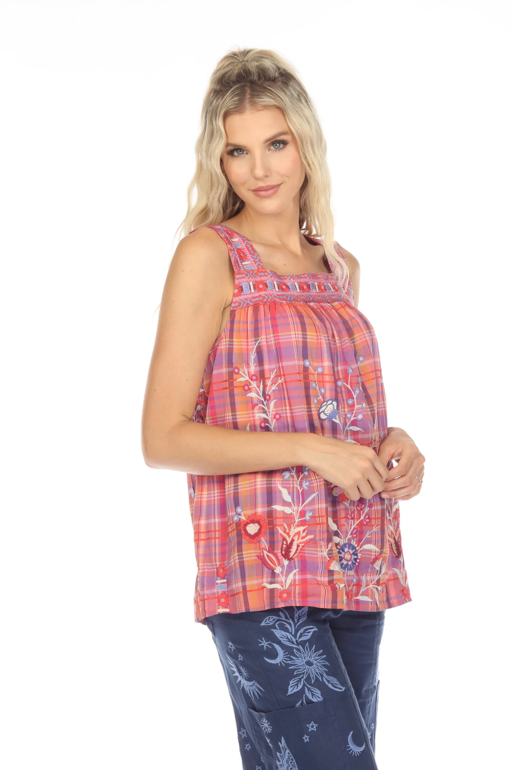 Johnny Was Workshop Piper Plaid Embroidered Square Neck Tank Boho Chic W10823