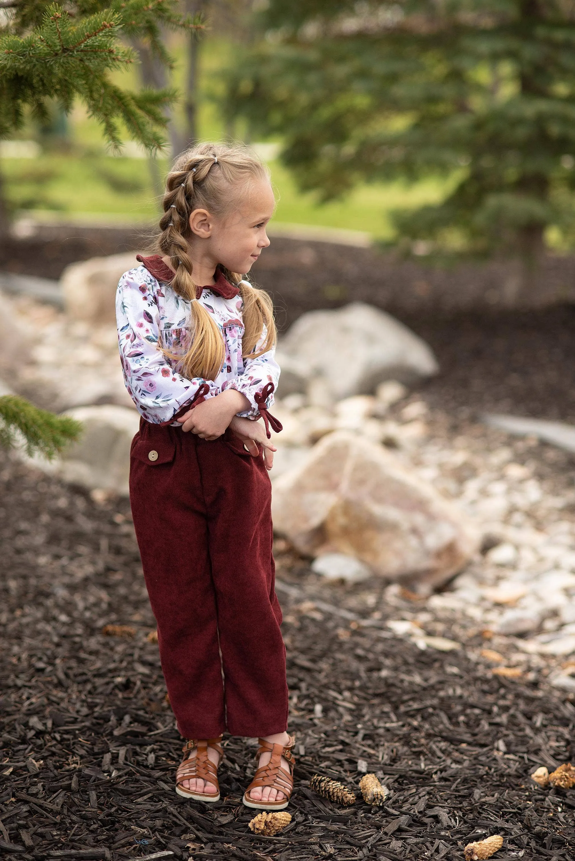 Kids Wine Burgundy Corduroy Pocket Bow Winter Pant Set