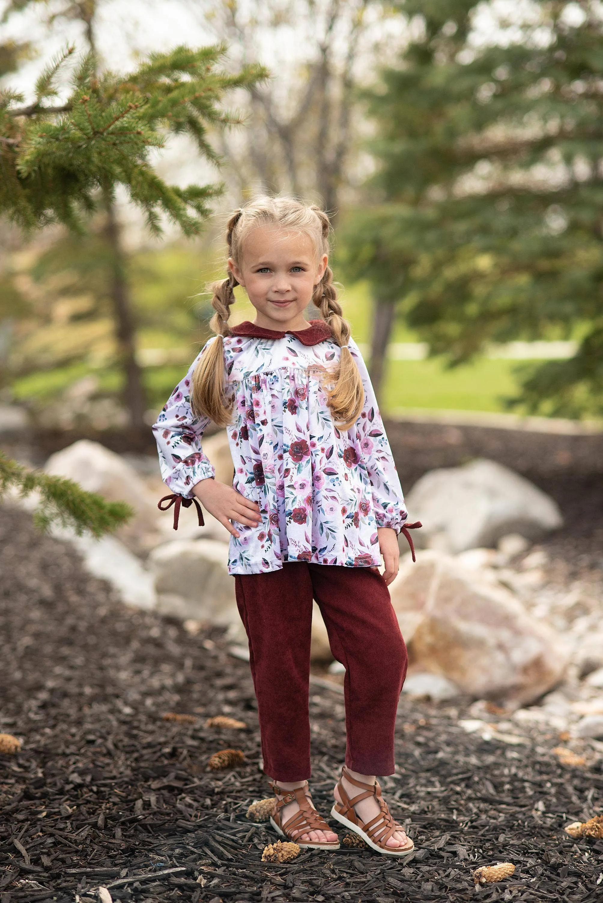 Kids Wine Burgundy Corduroy Pocket Bow Winter Pant Set