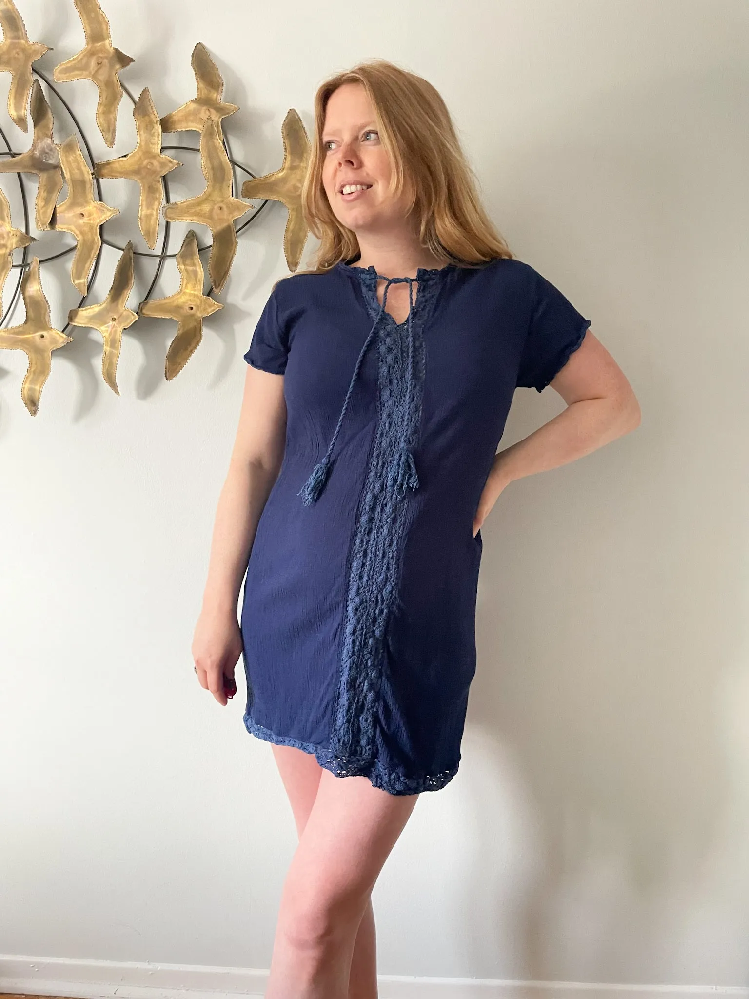 Koy Resort Navy Viscose Crochet Tassel Shift Dress Cover Up - Medium