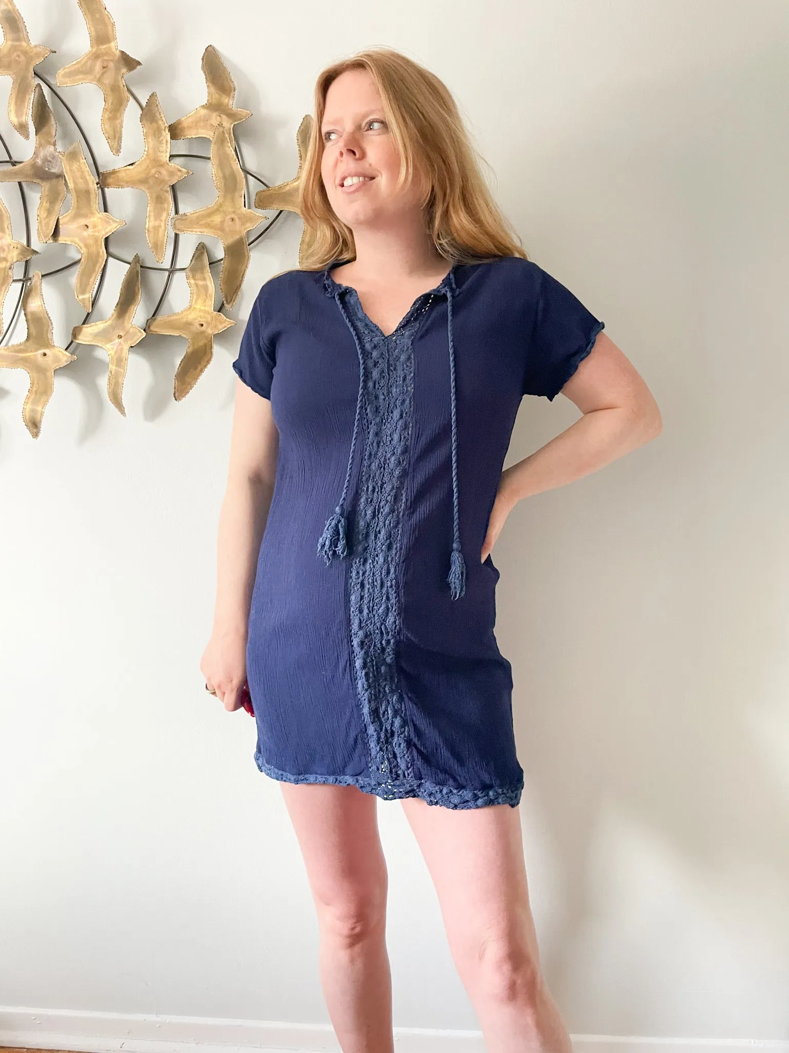 Koy Resort Navy Viscose Crochet Tassel Shift Dress Cover Up - Medium