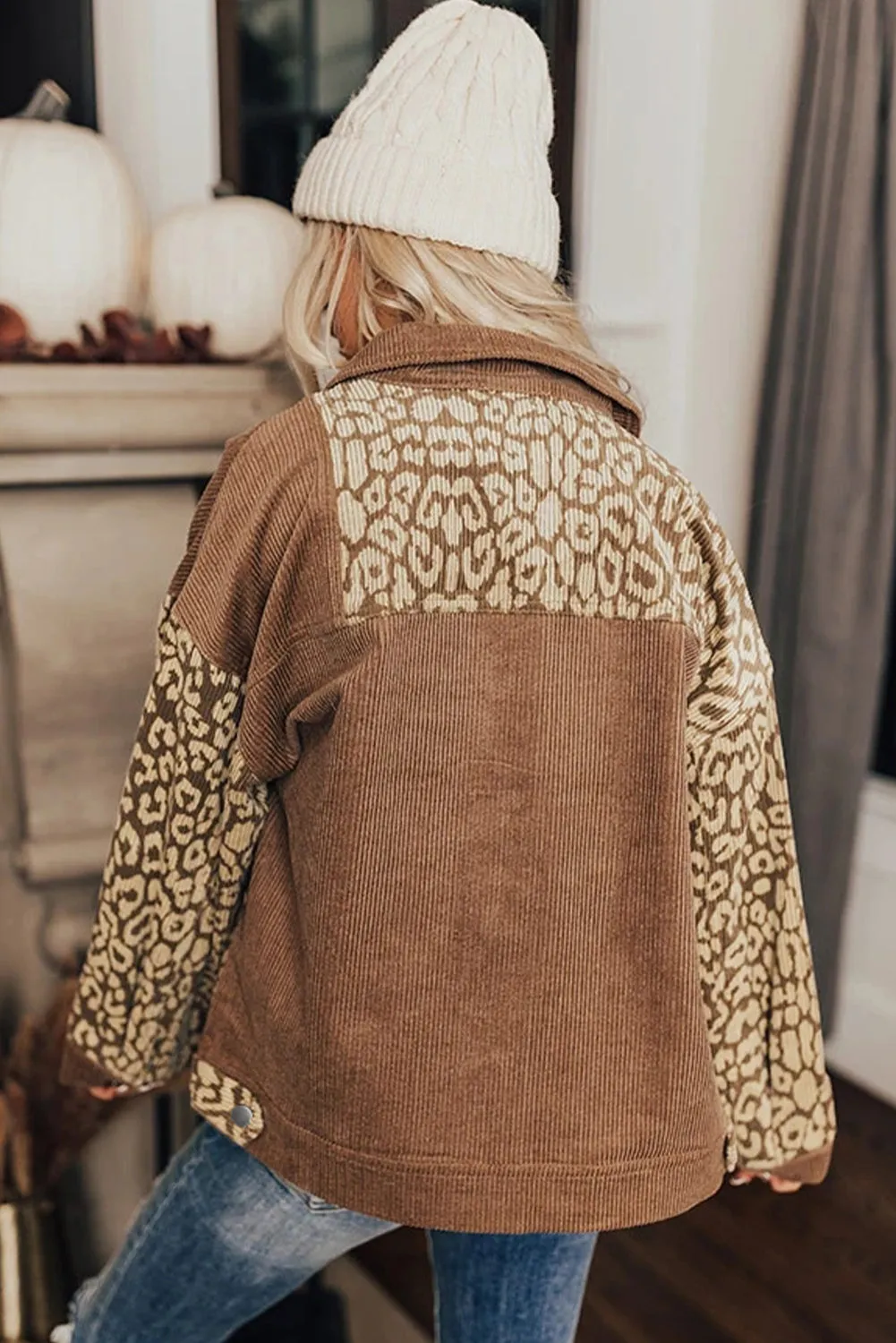 Leopard Print Corduroy Long Sleeve Jacket