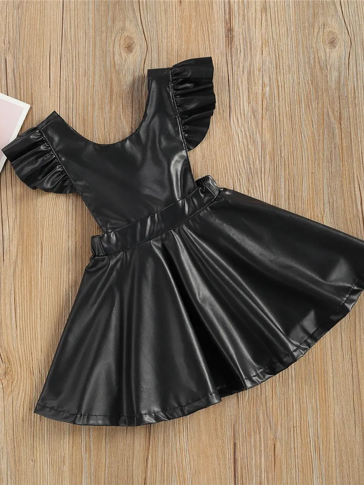 Little Black Vegan Leather Overall Dress