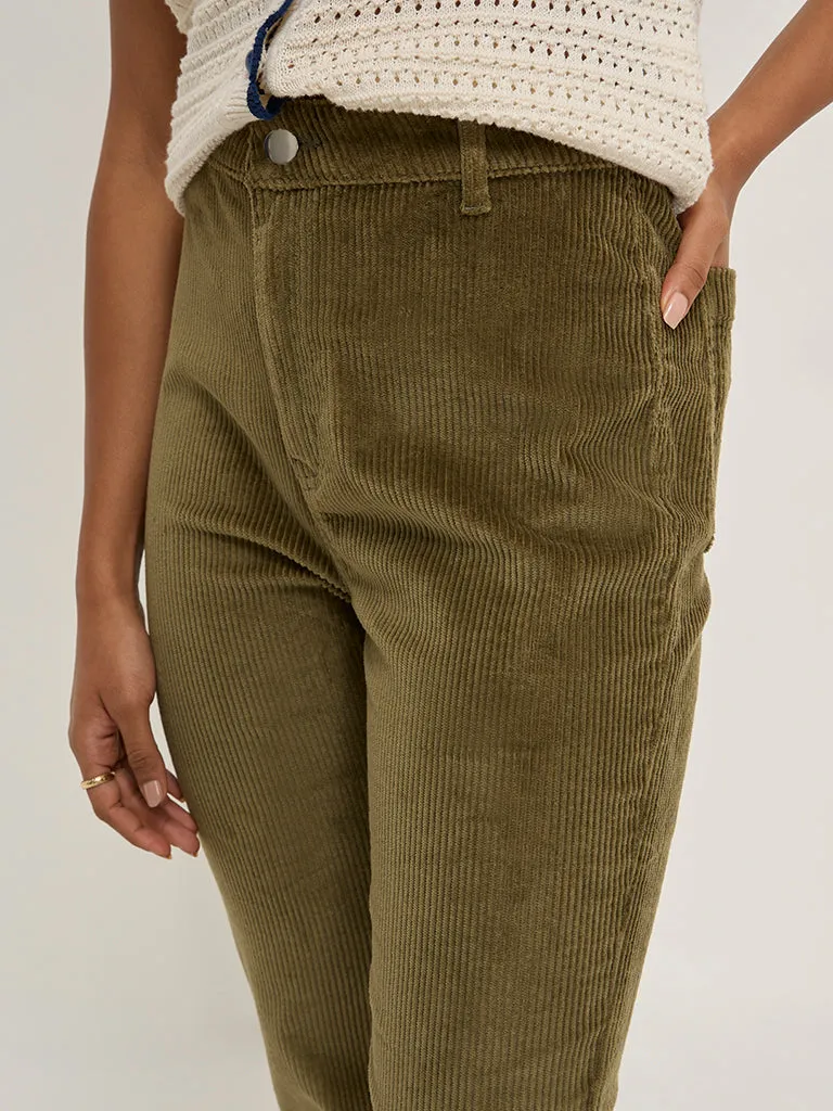 LOV Olive Corduroy High-Rise Cotton Trousers