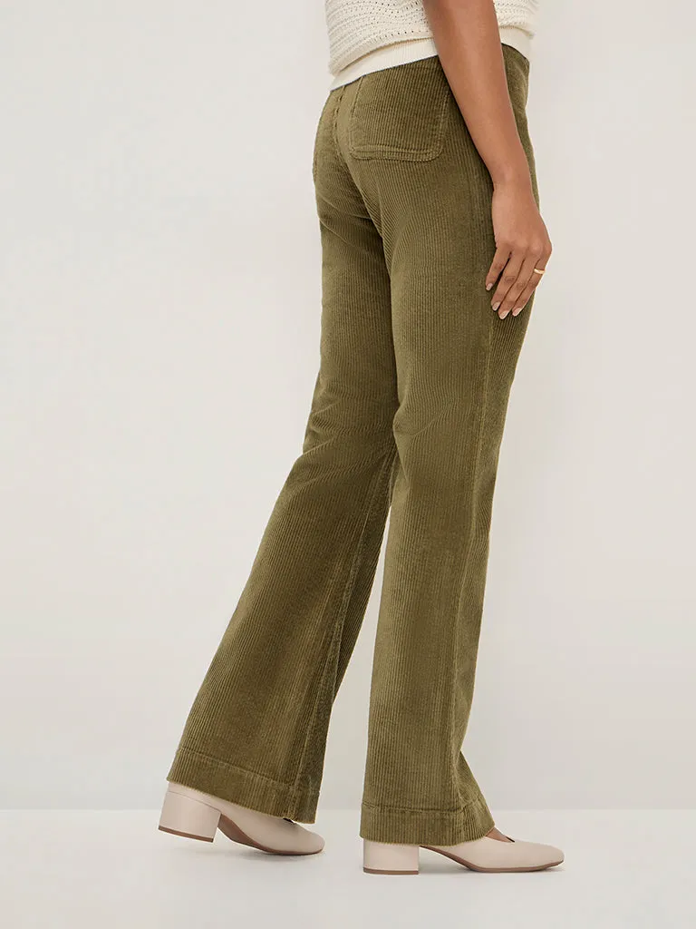 LOV Olive Corduroy High-Rise Cotton Trousers