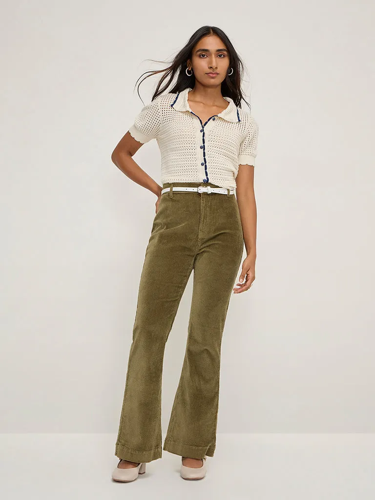 LOV Olive Corduroy High-Rise Cotton Trousers