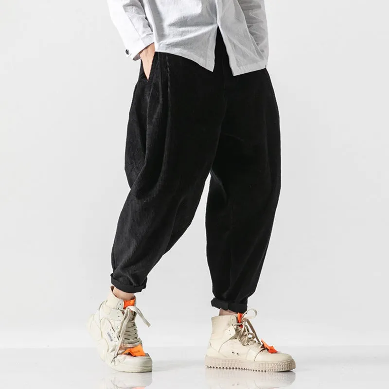 Men's Japanese Retro Casual Loose Solid Color Corduroy Pants