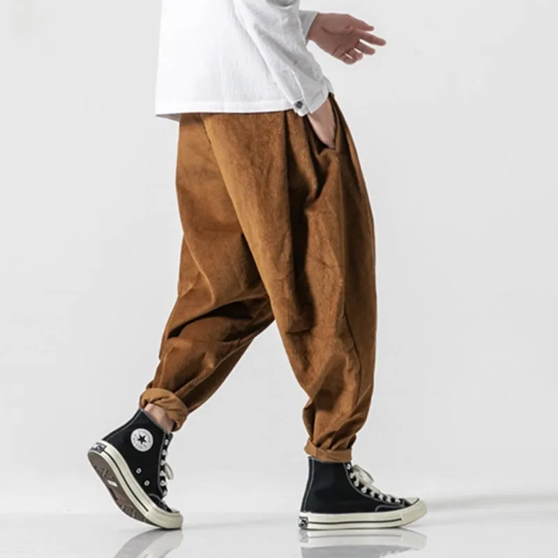 Men's Japanese Retro Casual Loose Solid Color Corduroy Pants