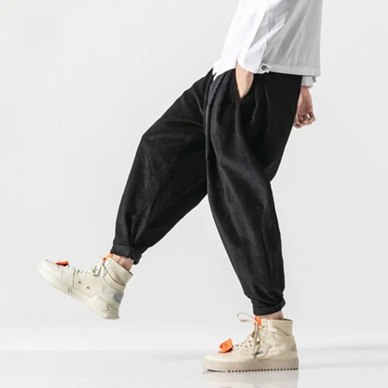 Men's Japanese Retro Casual Loose Solid Color Corduroy Pants