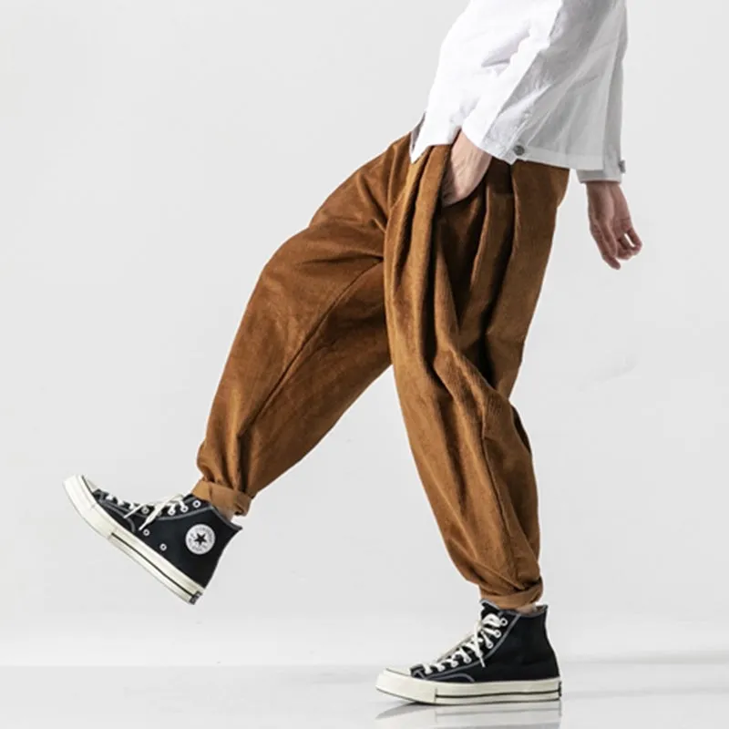 Men's Japanese Retro Casual Loose Solid Color Corduroy Pants