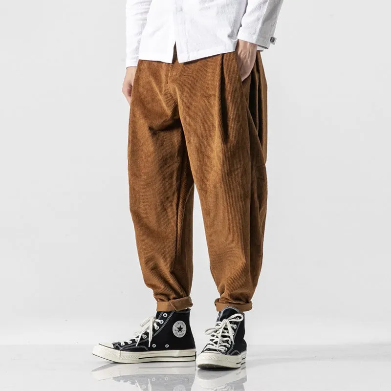 Men's Japanese Retro Casual Loose Solid Color Corduroy Pants