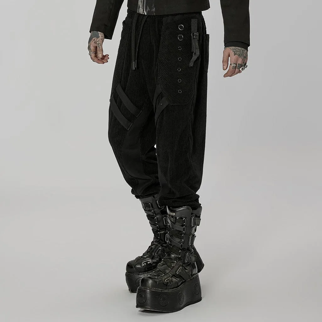 Men's Punk Buckles Splice Corduroy Black Pants