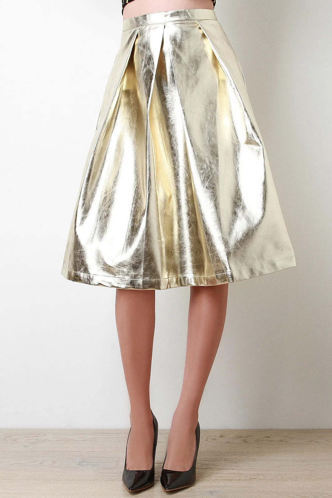 Metallic Pleated A-Line Midi Skirt