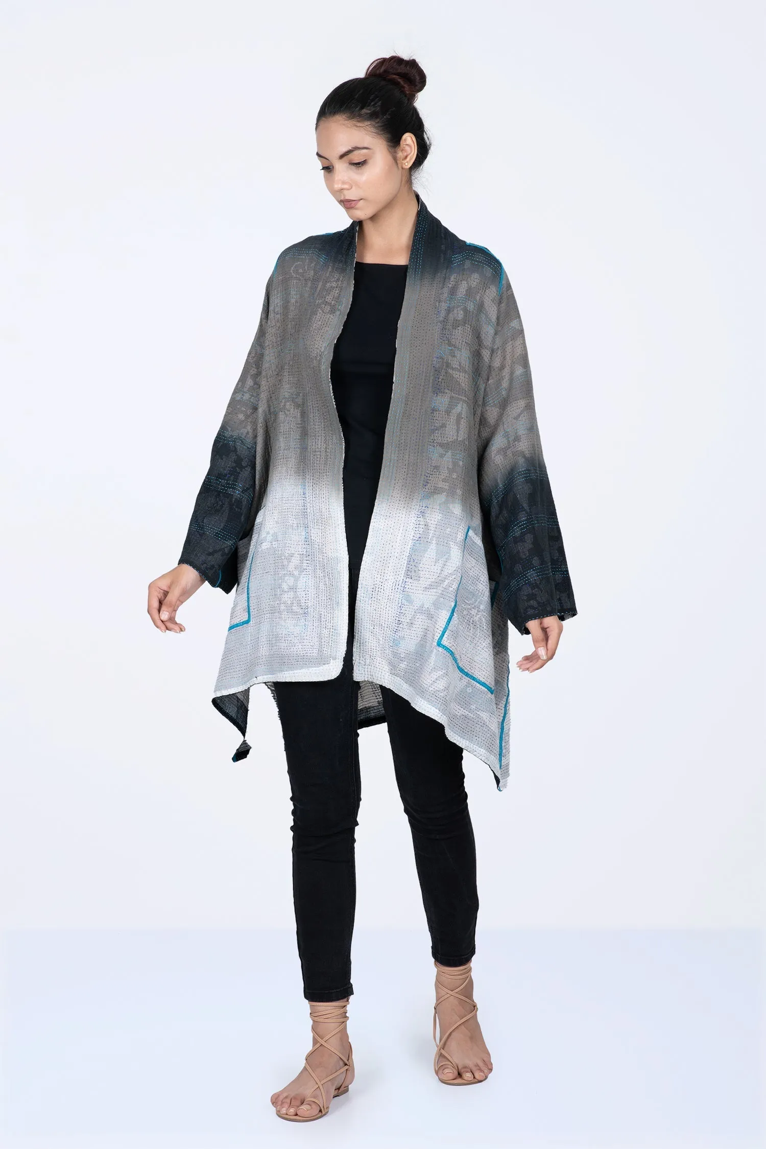 MONOTONE TWILIGHT PRINT KANTHA A-LINE JKT - tp2003-blk -