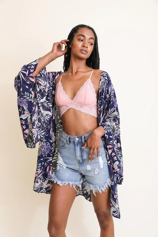 Navy Tropical Leaves Draped Sleeve Kimono Wrap Coverup Open Top