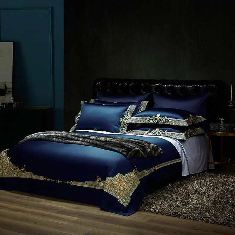 Persian Royal Style  Blue Luxury Duvet Set 100% Egyptian Cotton With Golden Embroidery