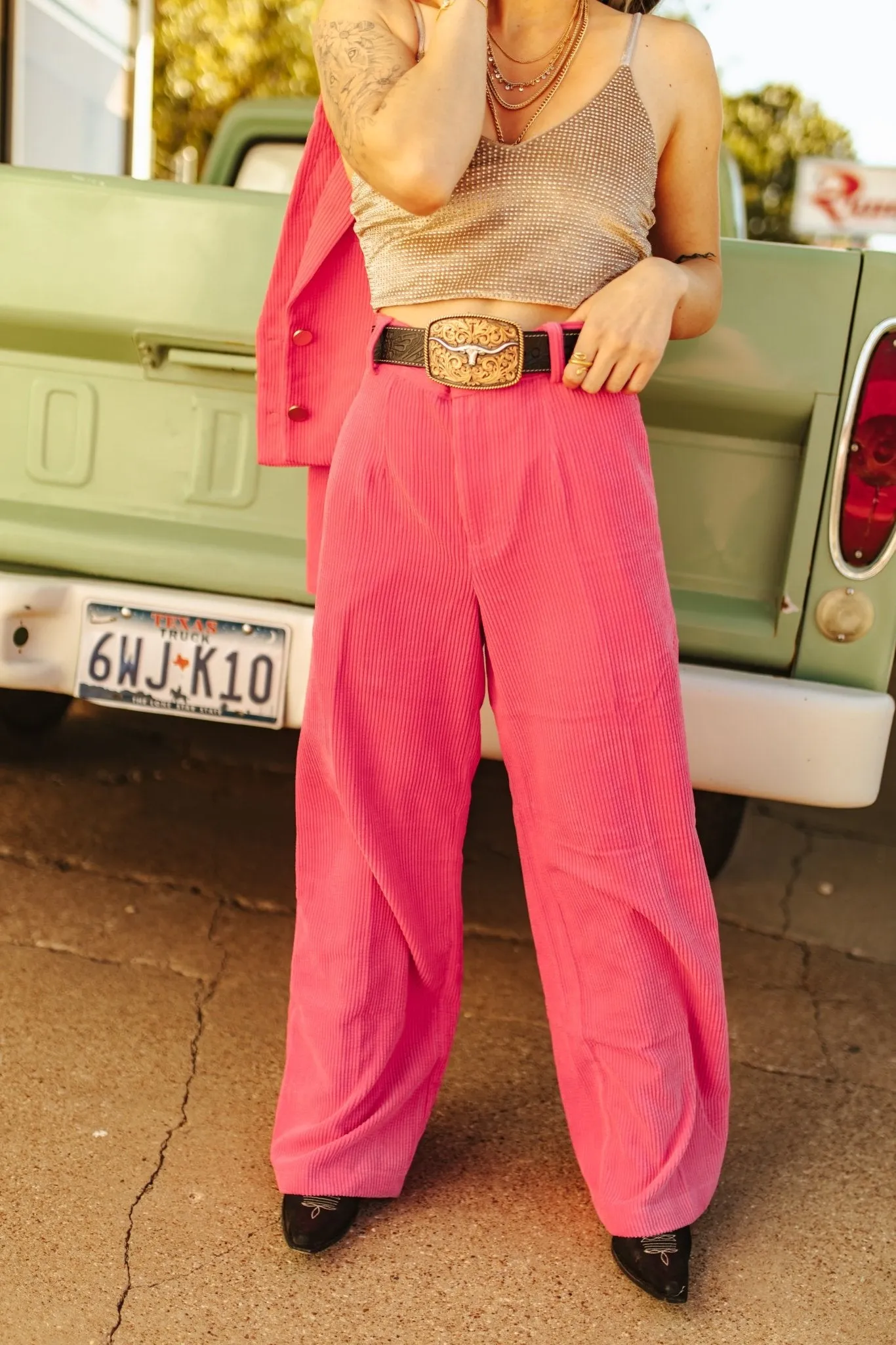 Pink Corduroy High Waisted Wide Pants