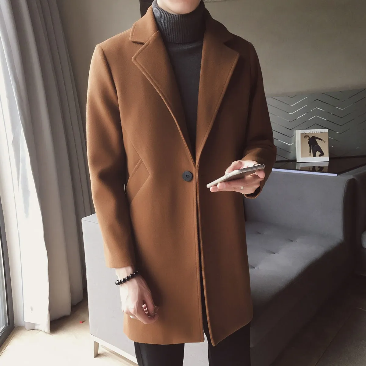 Plain Solid Color Inclined Pocket Long Coat