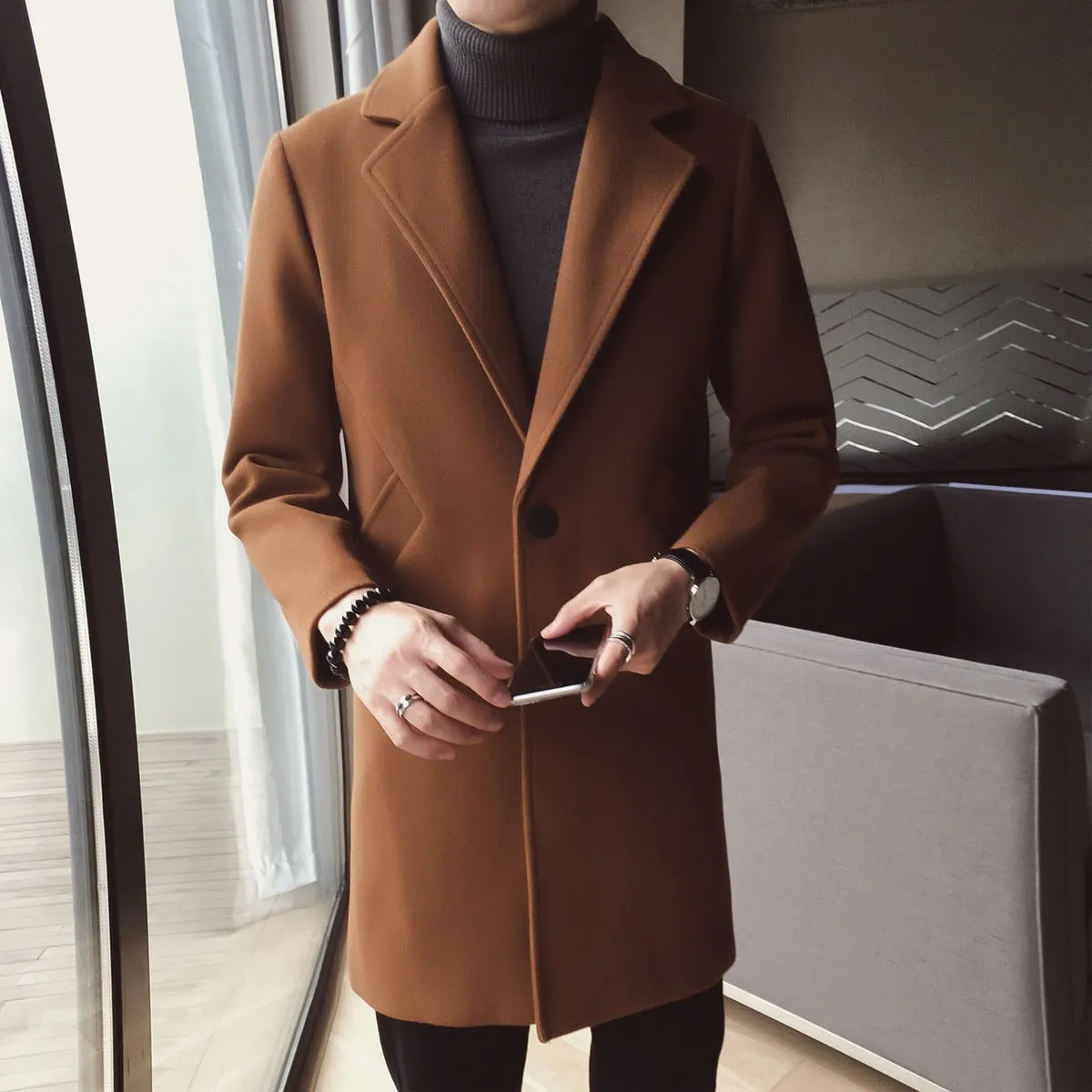 Plain Solid Color Inclined Pocket Long Coat