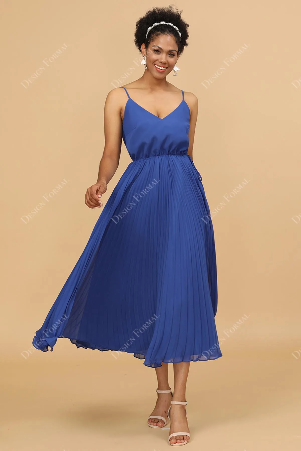 Pleated A-line Chiffon Tea Length Royal Blue Custom Dress