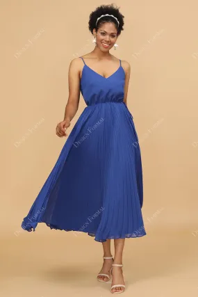 Pleated A-line Chiffon Tea Length Royal Blue Custom Dress