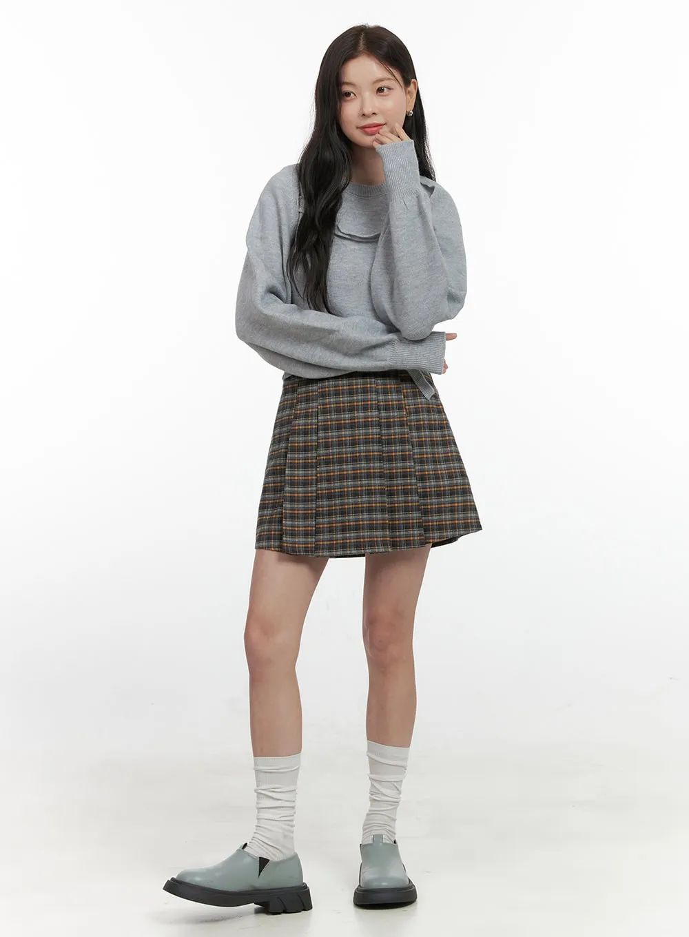 Pleated Check Mini Skirt OS423