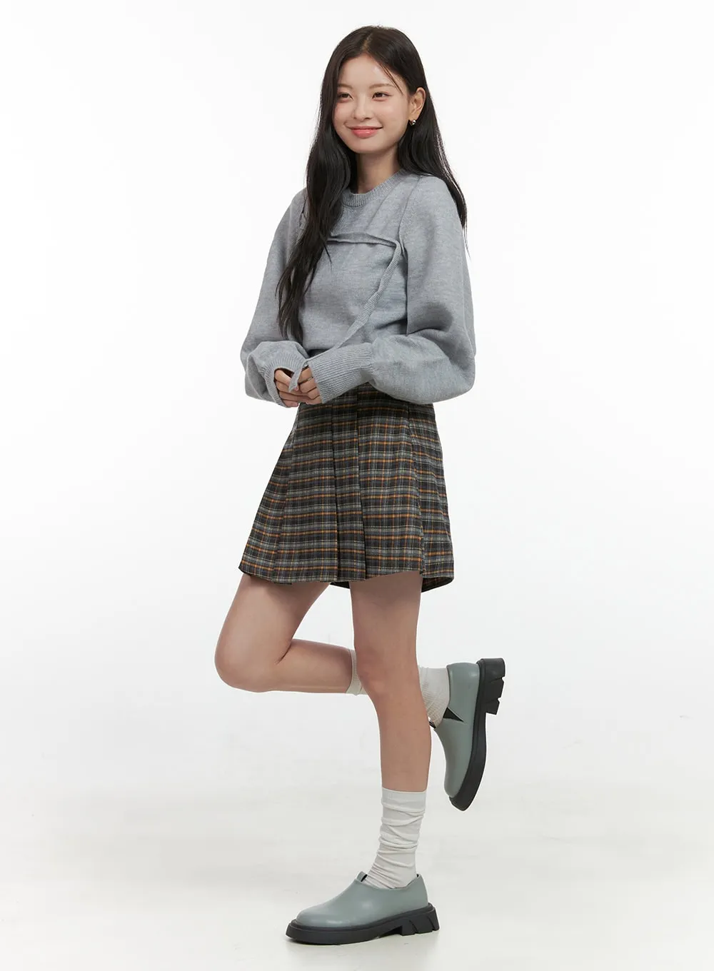 Pleated Check Mini Skirt OS423