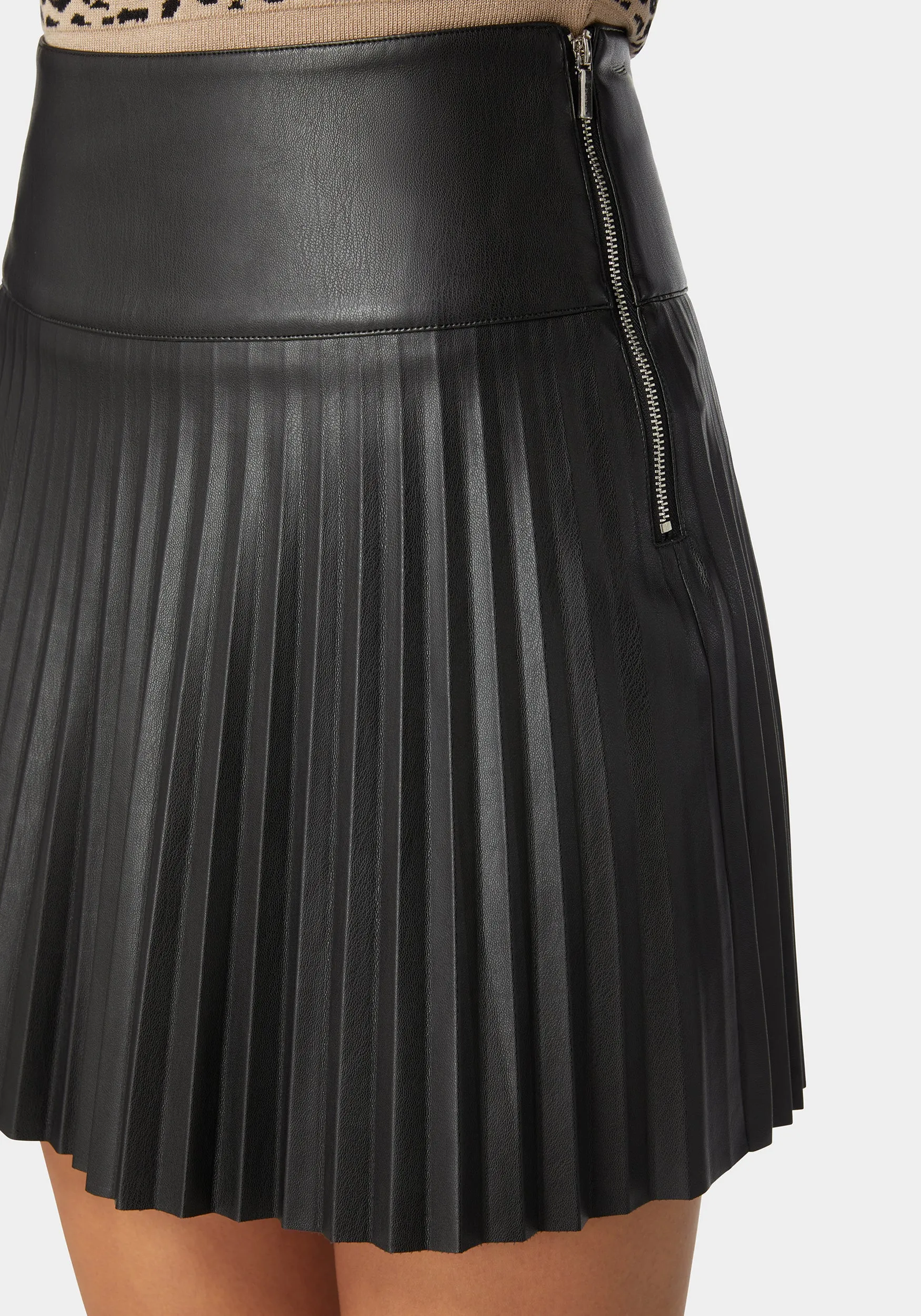 Pleated Vegan Leather Mini Skirt Exposed Side Zipper