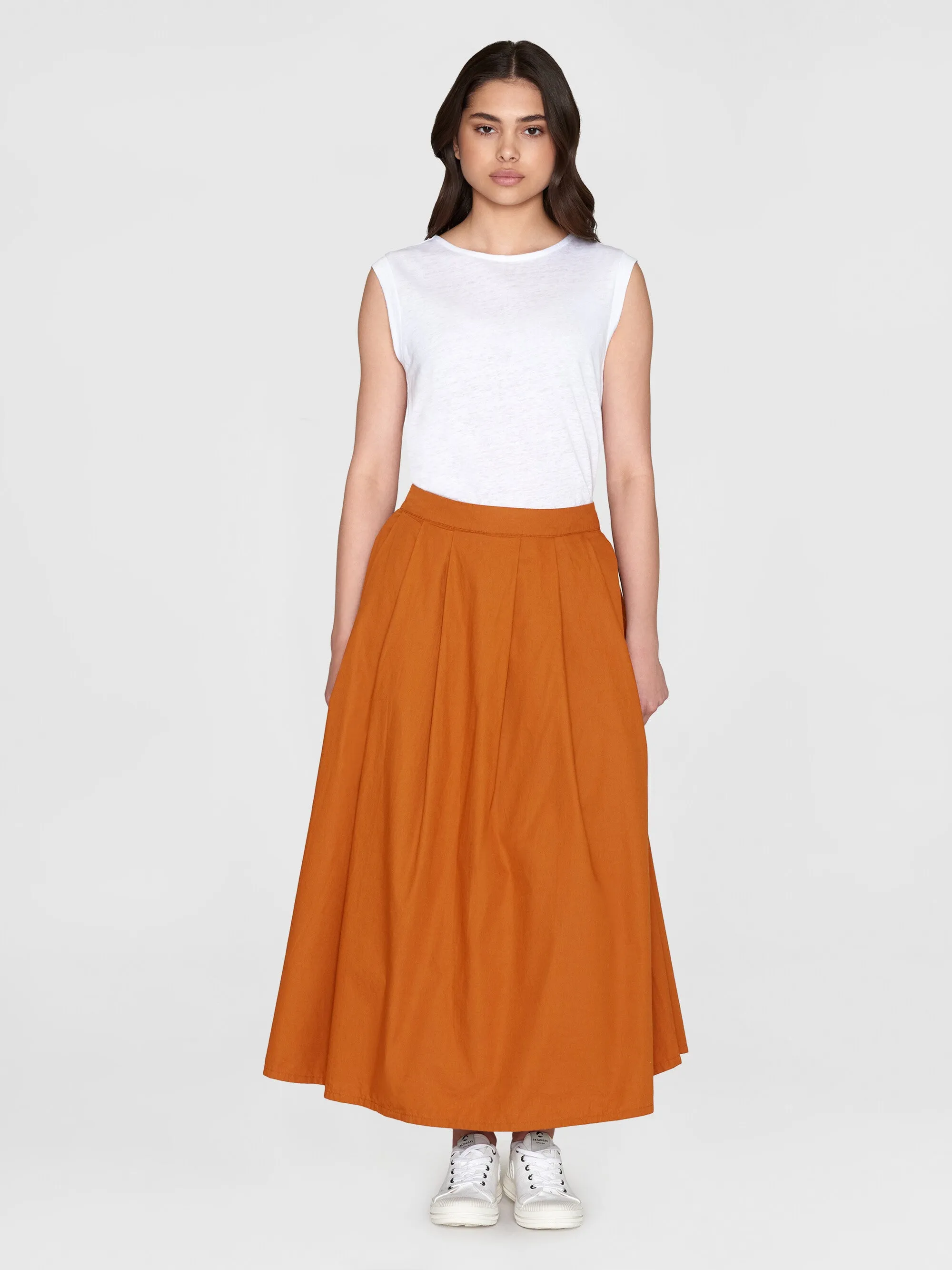 Poplin pleated mid-length skirt - Leather Brown