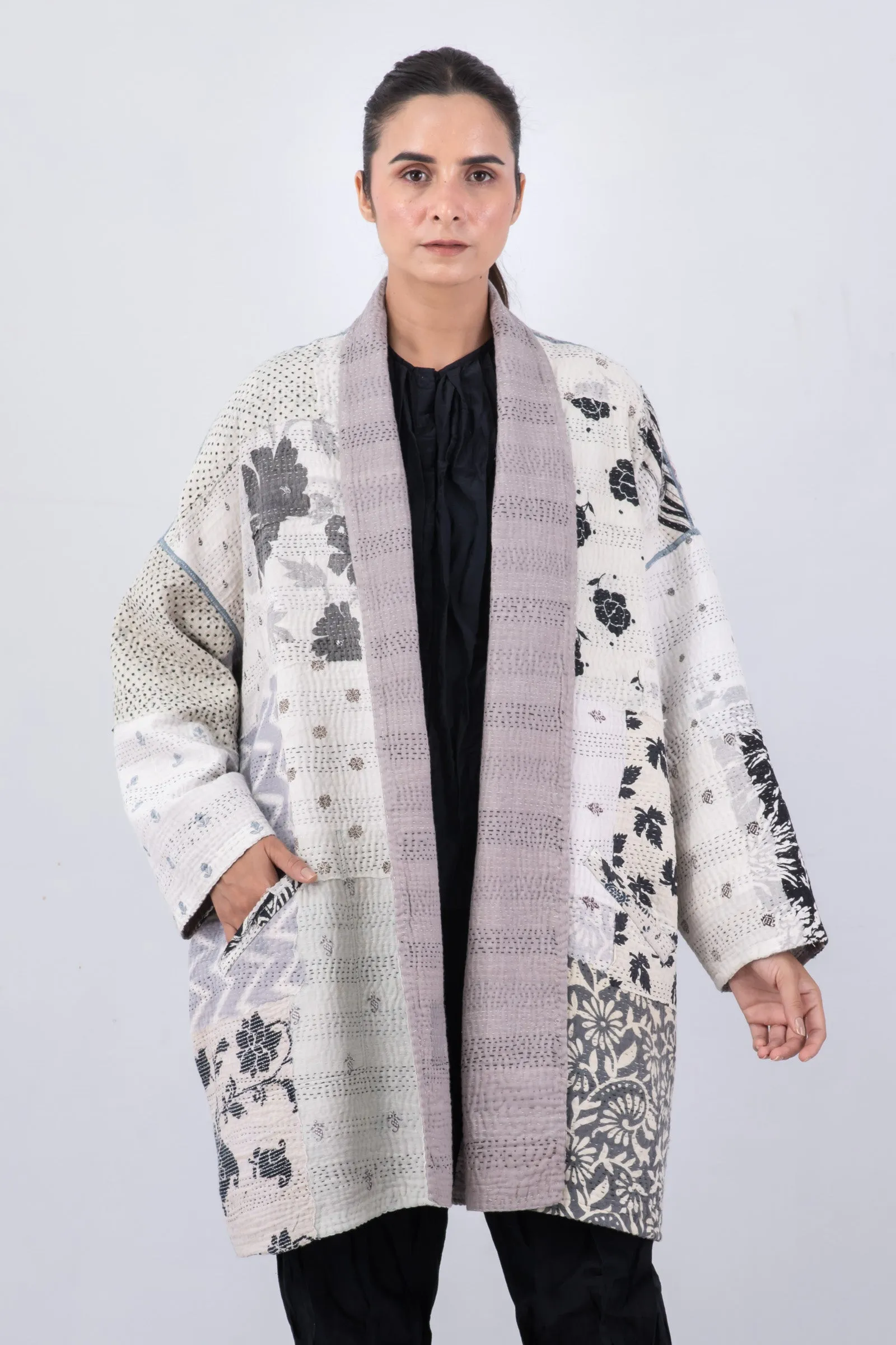 POWDER PATCH KANTHA HAORI JACKET - pd4068-gry -