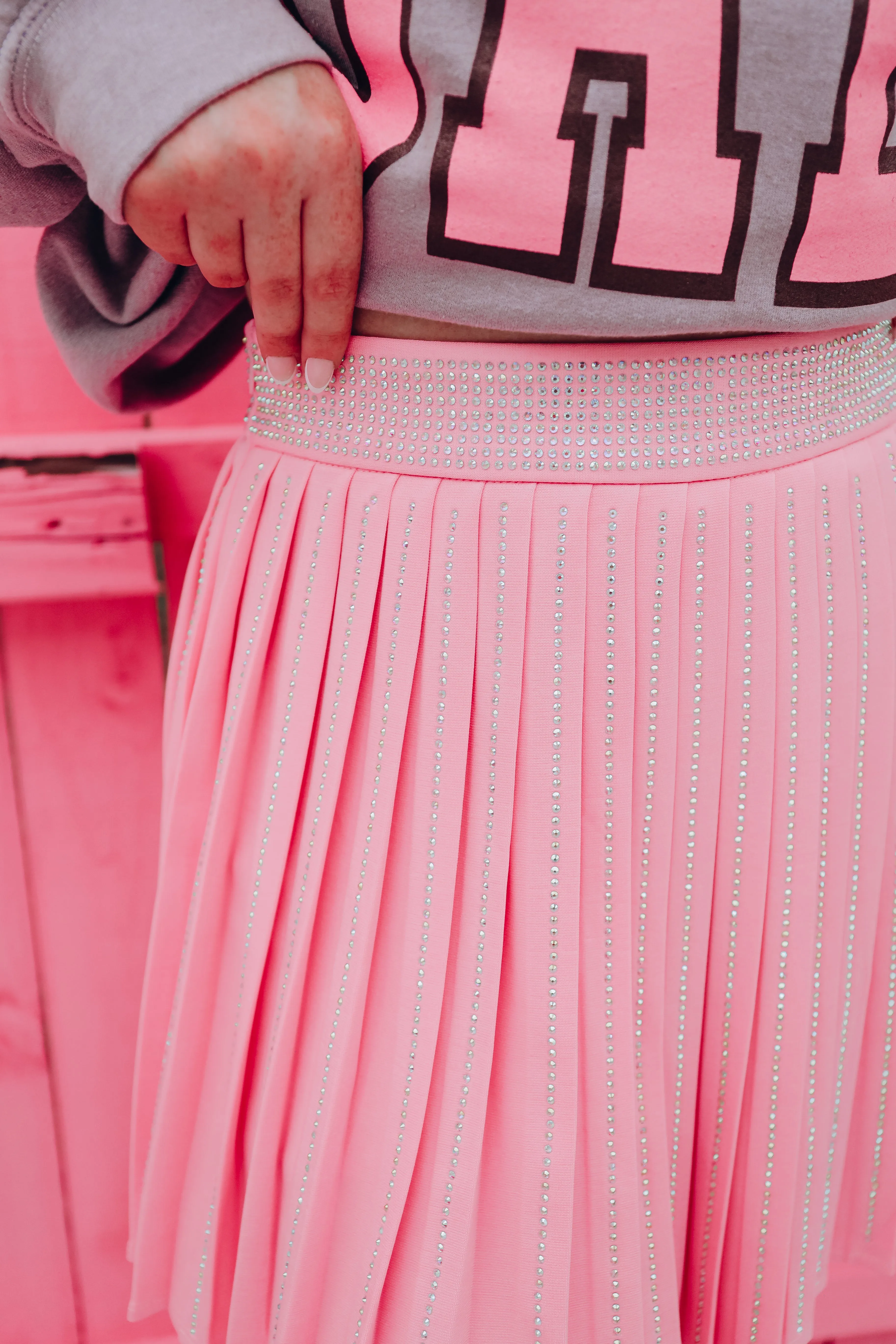 Pretty Please Pleated Rhinestone Skirt - Light Pink