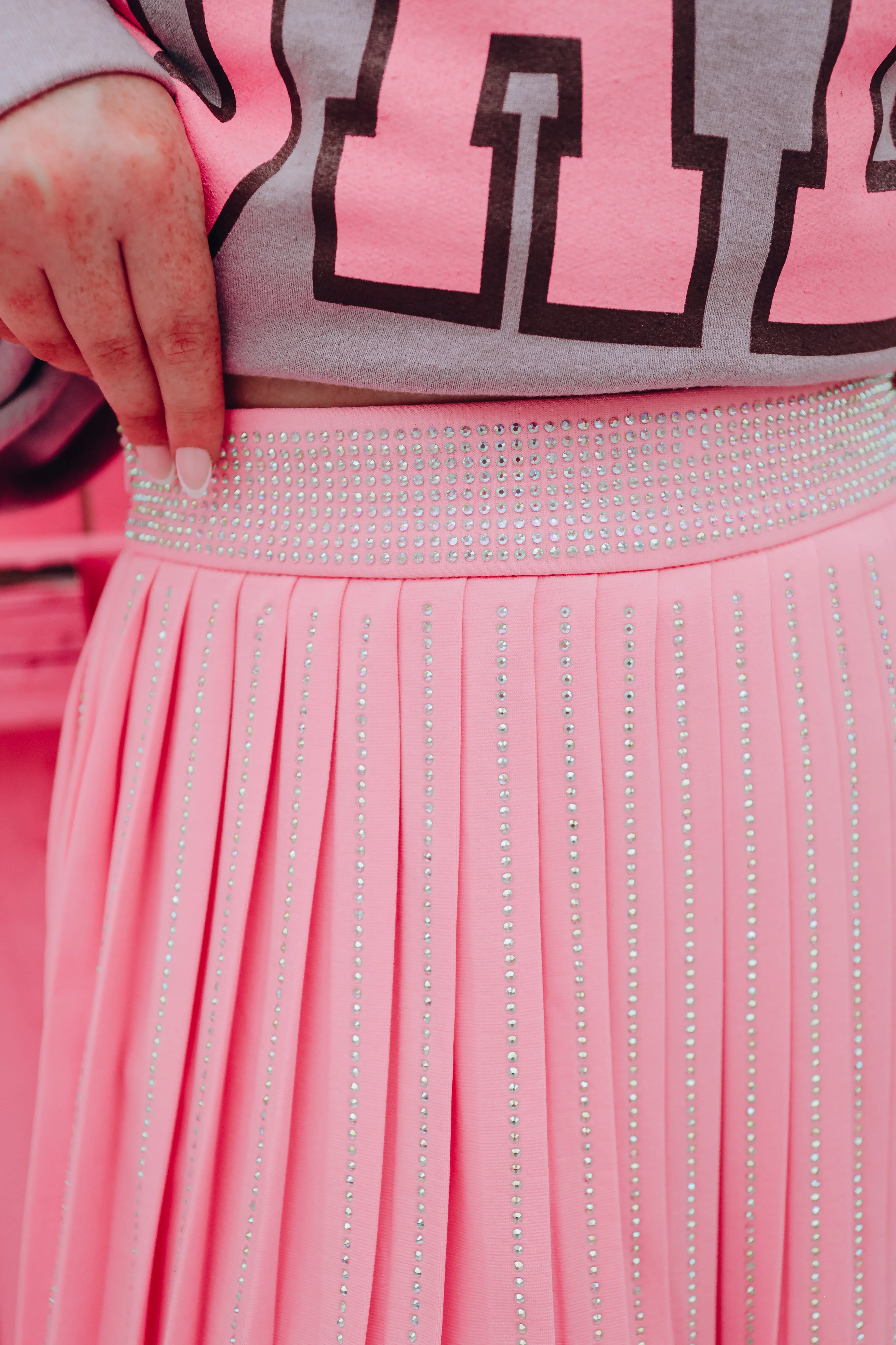 Pretty Please Pleated Rhinestone Skirt - Light Pink