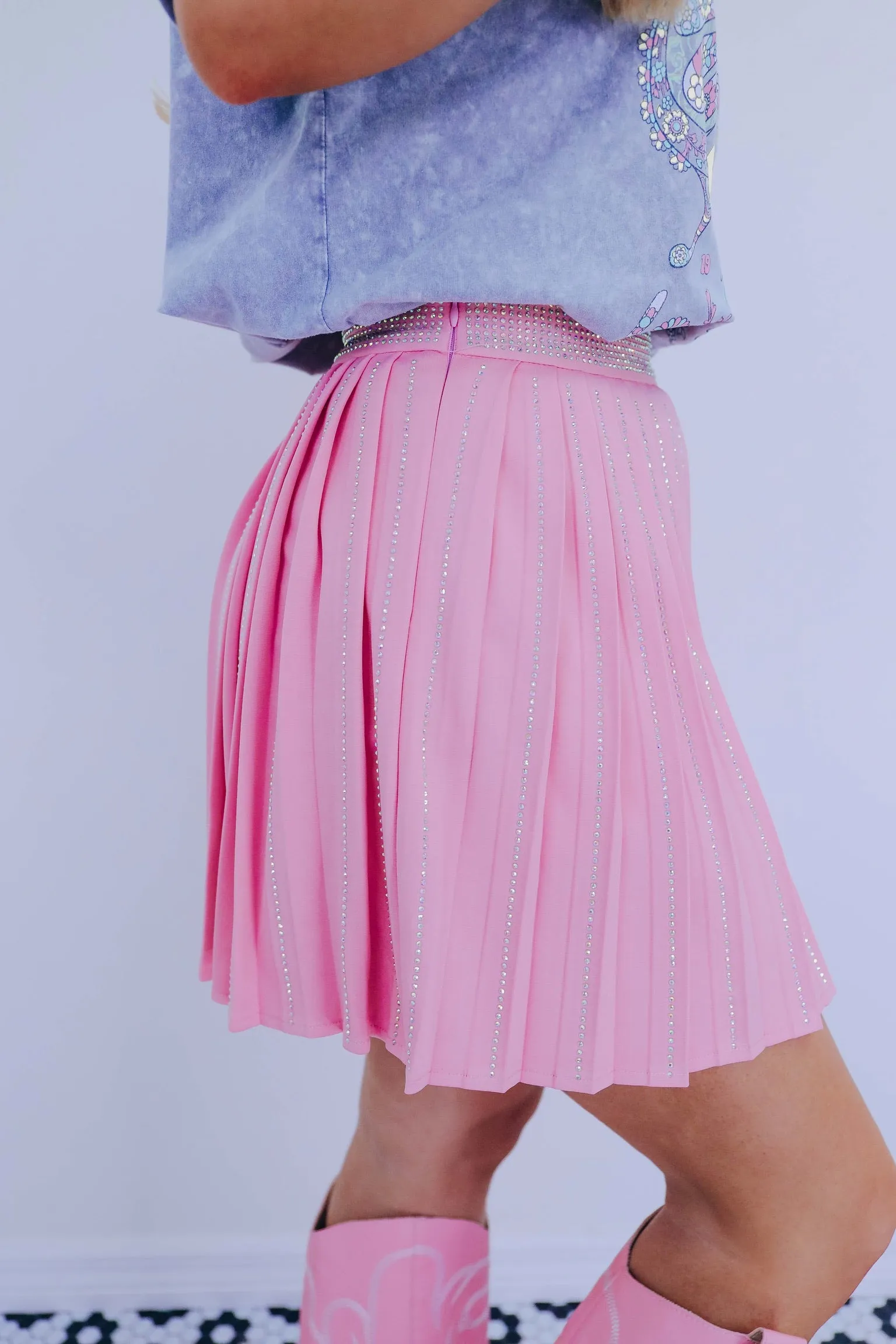 Pretty Please Pleated Rhinestone Skirt - Light Pink