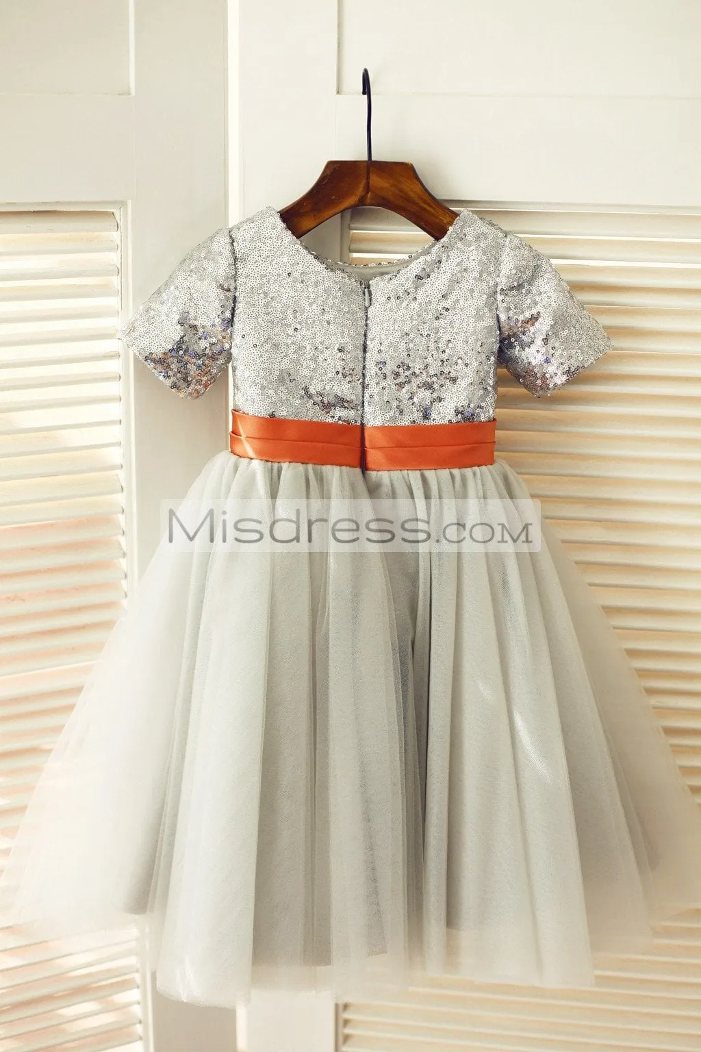 Princess Short Sleeves Silver Sequin Gray Tulle Wedding Flower Girl Dress