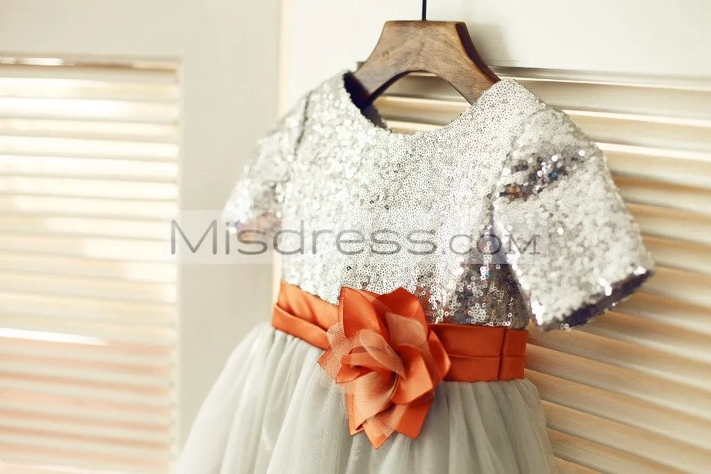 Princess Short Sleeves Silver Sequin Gray Tulle Wedding Flower Girl Dress