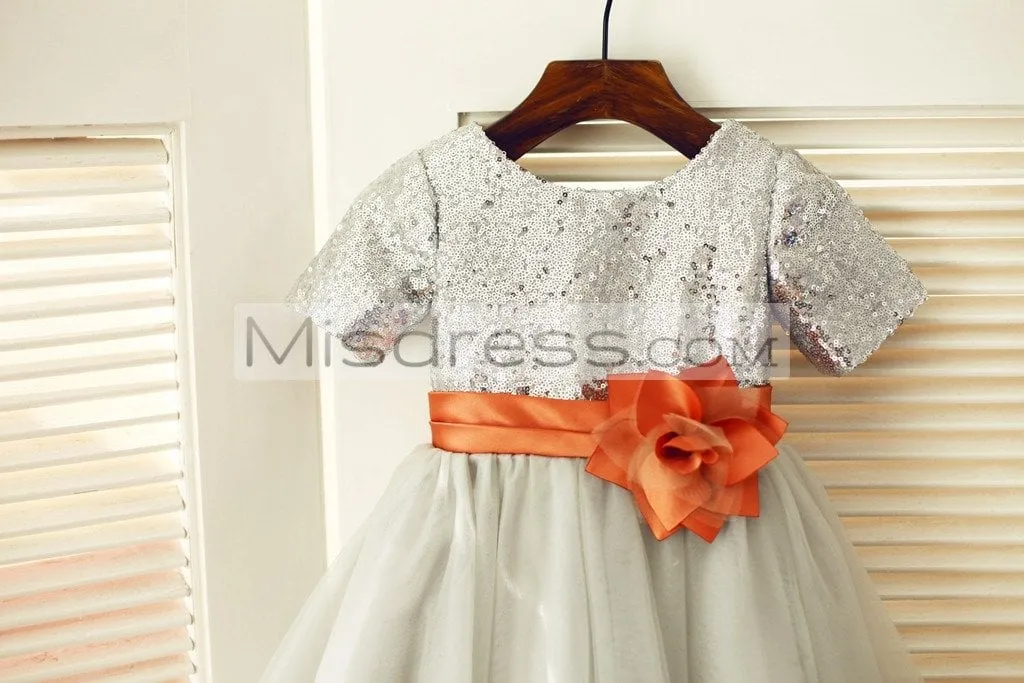 Princess Short Sleeves Silver Sequin Gray Tulle Wedding Flower Girl Dress